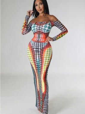Off-Shoulder Multicolor Dot-Print Bodycon Maxi Dress NWT